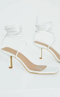 White Low Heel Clear Strap Ankle Tie Sandal