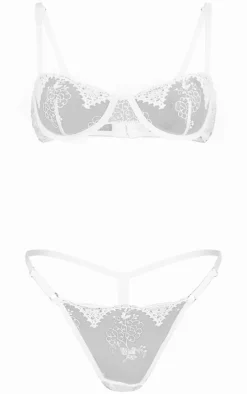 White Mesh Embroidered G String Lingerie Set