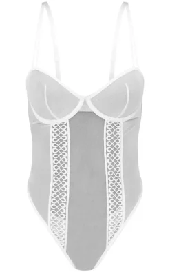 White Mesh Textured Panel Lingerie Bodysuit