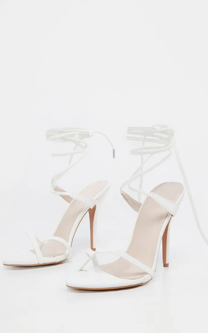 White Mid Heel Toe Loop Ankle Tie Heel