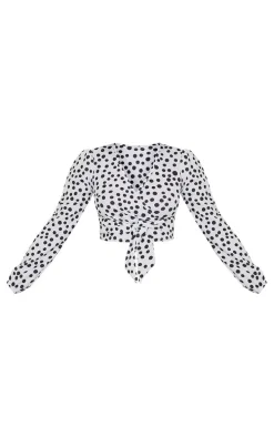 White Mixed Polka Print Wrap Crop Top