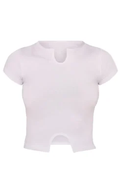 White Modal Cotton Notch Neck Split Hem T Shirt