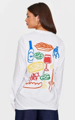 White Multi Food And Wine Graphic Oversized Long Sleeve T Shirt