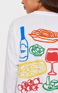 White Multi Food And Wine Graphic Oversized Long Sleeve T Shirt