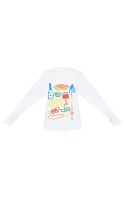White Multi Food And Wine Graphic Oversized Long Sleeve T Shirt