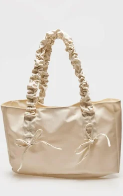 White Nylon Bow Ruched Handle Tote Bag