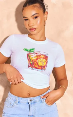 White Old Fashioned Print Fitted T Shirt