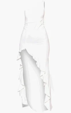 White One Shoulder Ruffle Hem Maxi Dress