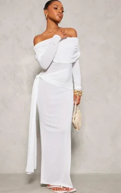 White Onion Skin Bardot Tie Waist Maxi Dress