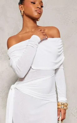 White Onion Skin Bardot Tie Waist Maxi Dress