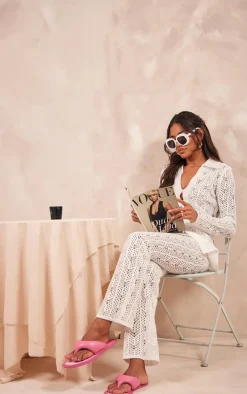 White Open Crochet Knit Pants