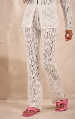 White Open Crochet Knit Pants