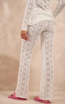 White Open Crochet Knit Pants