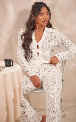 White Open Crochet Knit Pants