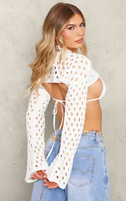 White Open Knit Flare Sleeves Knitted Top