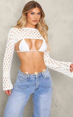 White Open Knit Flare Sleeves Knitted Top