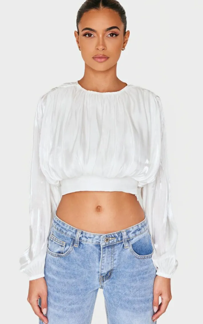 White Organza Pleated Long Sleeve Blouse