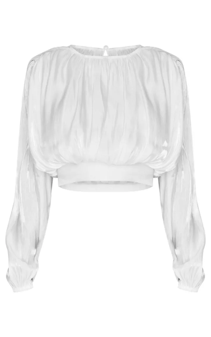 White Organza Pleated Long Sleeve Blouse