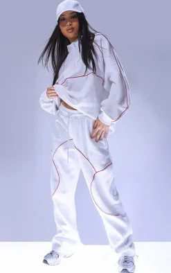 White Oversized Contrast Piping Straight Leg Sweatpants
