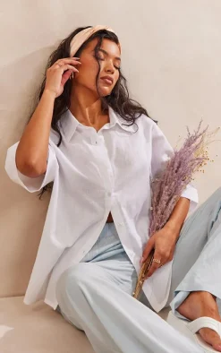 White Oversized Linen Feel Short Sleeve Shirt