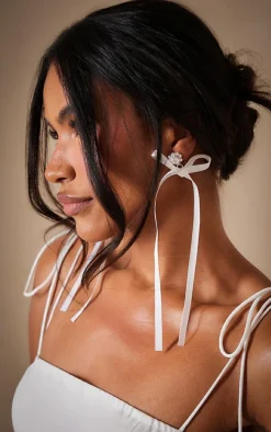 White Pearl Detail Satin Bow Statement Earrings