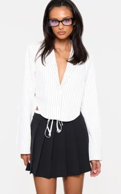 White Pinstripe Curved Hem Cropped Blazer