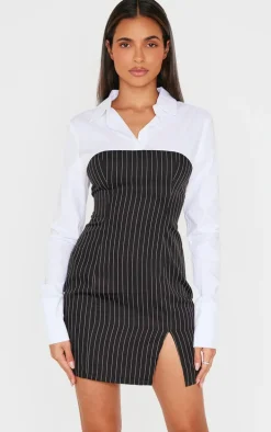 White Pinstripe Detail Shirt Dress