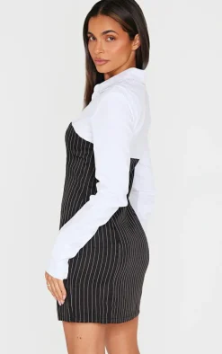White Pinstripe Detail Shirt Dress