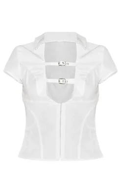 White Plunge Buckle Detail Corset Shirt
