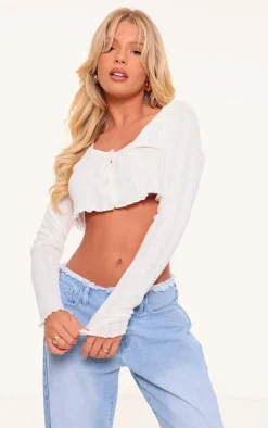 White Pointelle Button Up Long Sleeve Crop Top
