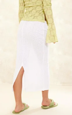 White Pointelle Low Rise Split Back Midaxi Skirt