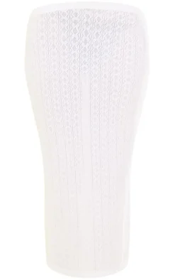 White Pointelle Low Rise Split Back Midaxi Skirt