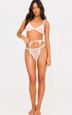 White Polka Dot Mesh 3 Piece Lingerie Set