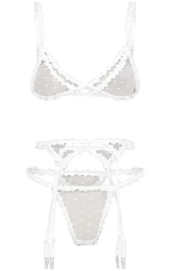 White Polka Dot Mesh 3 Piece Lingerie Set