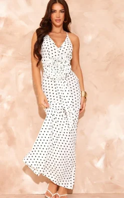 White Polka Dot Satin Rose Detail Maxi Dress