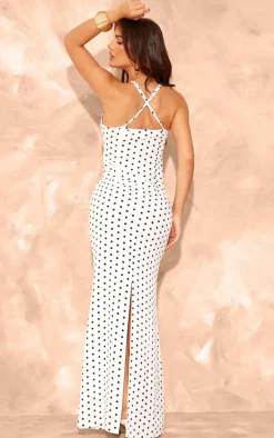 White Polka Dot Satin Rose Detail Maxi Dress