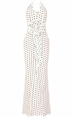 White Polka Dot Satin Rose Detail Maxi Dress