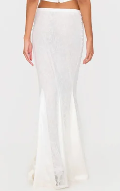 White Premium Lace Satin Hem Detail Fishtail Maxi Skirt