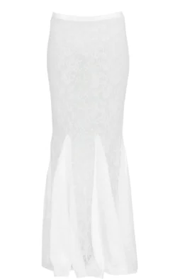 White Premium Lace Satin Hem Detail Fishtail Maxi Skirt