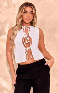 White Premium Linen Look Multi Tie Front Top