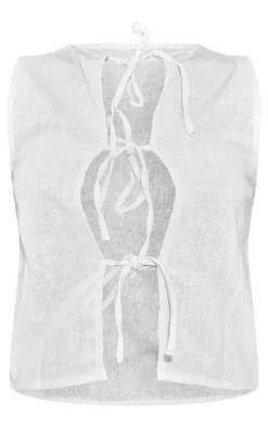 White Premium Linen Look Multi Tie Front Top