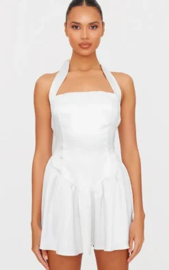 White Premium Satin Corset Detail Shift Dress