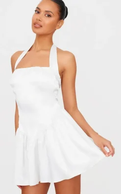 White Premium Satin Corset Detail Shift Dress