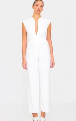 White Premium Woven Sleeveless Waist Detail Straight Leg Jumpsuit