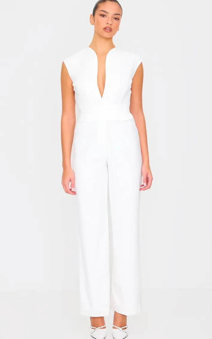 White Premium Woven Sleeveless Waist Detail Straight Leg Jumpsuit