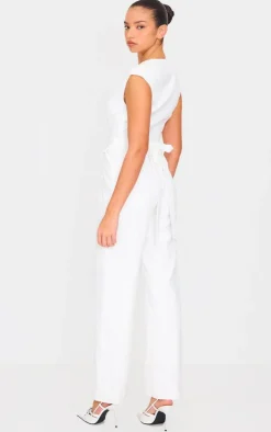 White Premium Woven Sleeveless Waist Detail Straight Leg Jumpsuit