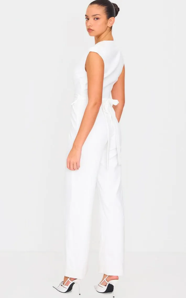 White Premium Woven Sleeveless Waist Detail Straight Leg Jumpsuit