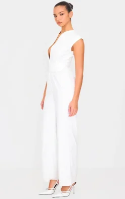 White Premium Woven Sleeveless Waist Detail Straight Leg Jumpsuit