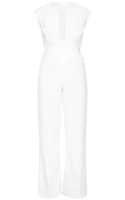 White Premium Woven Sleeveless Waist Detail Straight Leg Jumpsuit