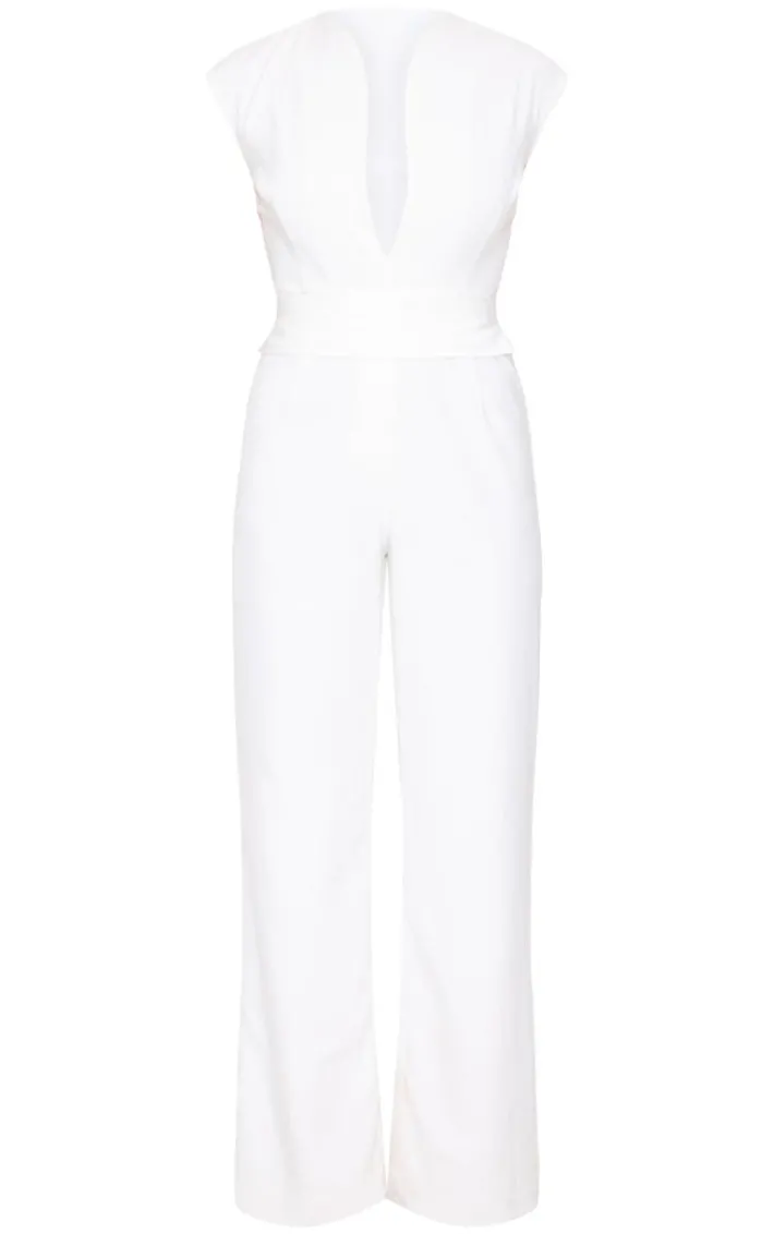 White Premium Woven Sleeveless Waist Detail Straight Leg Jumpsuit